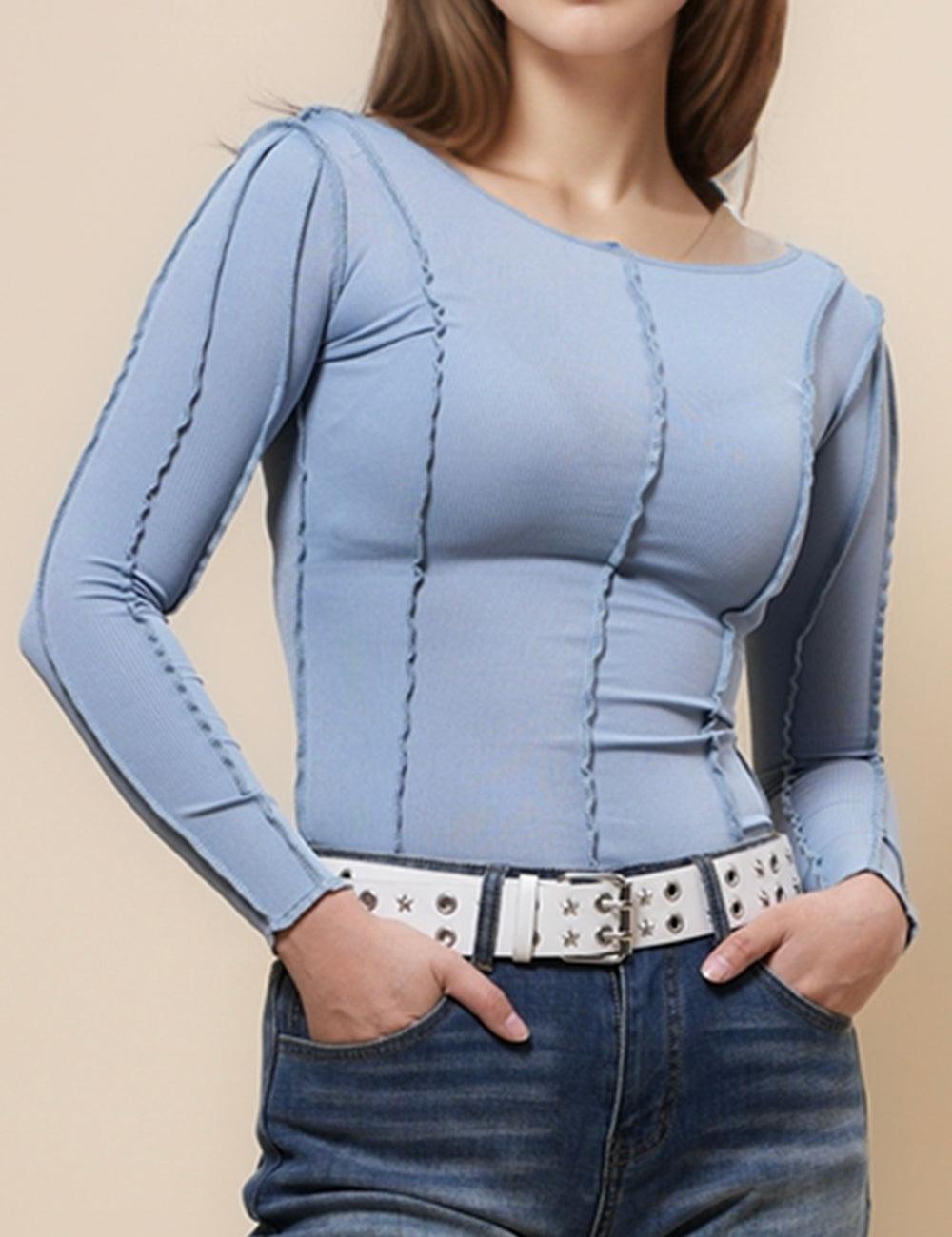 Ladies Rib Blouse Slim Fit Pullover Layring Top SKT4941