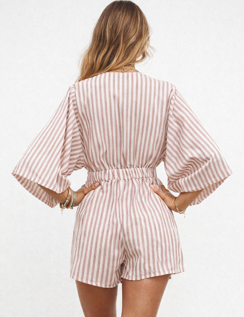 Ladies Chic Striped V-Neck Tie Knot 3/4 Kimono Sleeves Romper