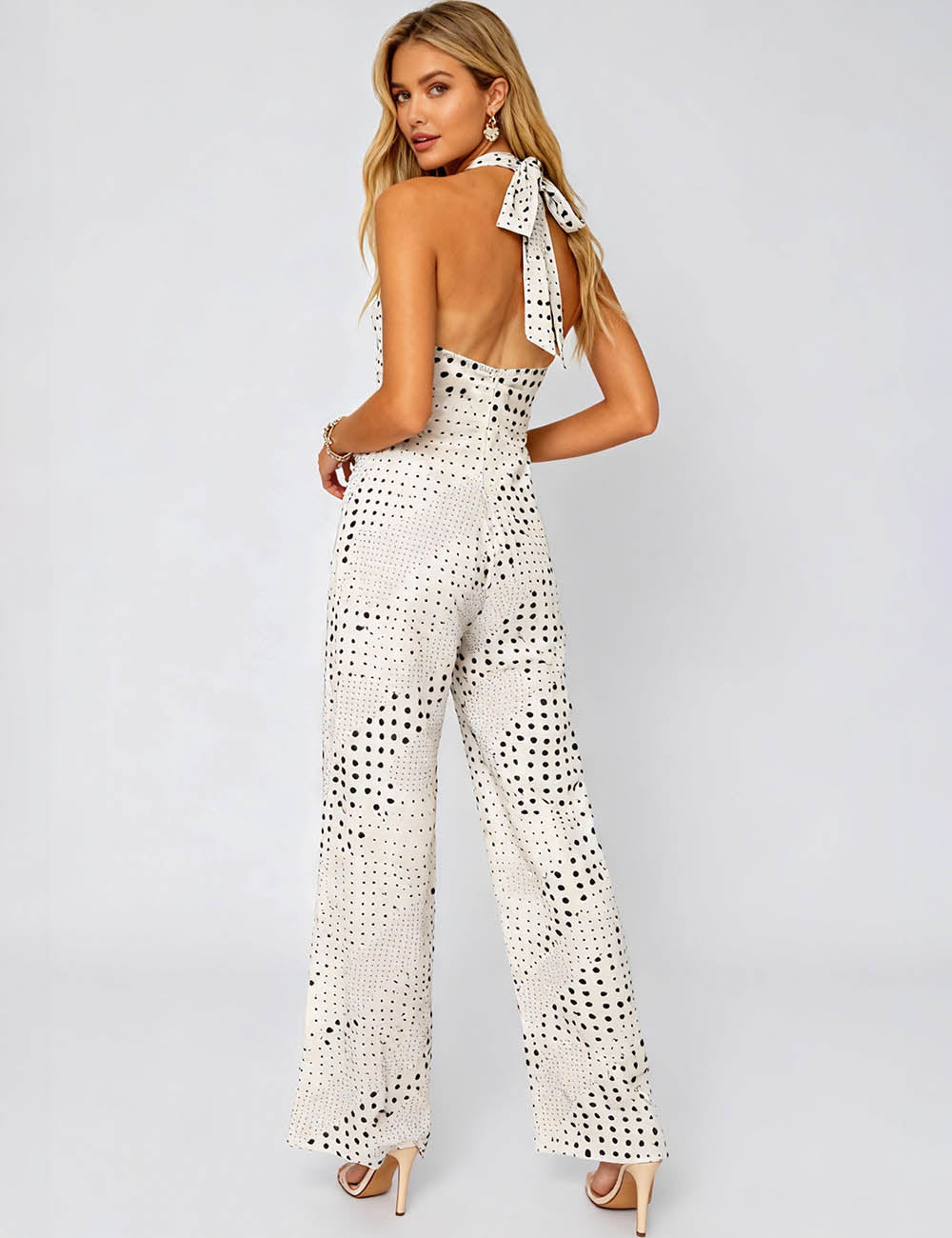 Ladies Polka Dot Halter Collar Metal Ring Wide Leg Jumpsuit