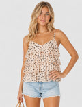 Ladies Polka Dot Print Layered Ruffle Spaghetti Strap Cami Top
