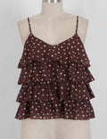 Ladies Polka Dot Print Layered Ruffle Spaghetti Strap Cami Top