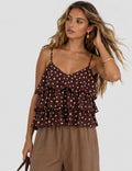 Ladies Polka Dot Print Layered Ruffle Spaghetti Strap Cami Top