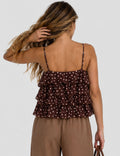 Ladies Polka Dot Print Layered Ruffle Spaghetti Strap Cami Top