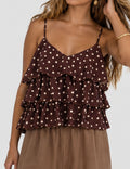 Ladies Polka Dot Print Layered Ruffle Spaghetti Strap Cami Top
