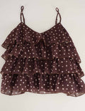 Ladies Polka Dot Print Layered Ruffle Spaghetti Strap Cami Top