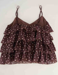 Ladies Polka Dot Print Layered Ruffle Spaghetti Strap Cami Top