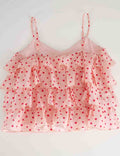 Ladies Polka Dot Print Layered Ruffle Spaghetti Strap Cami Top