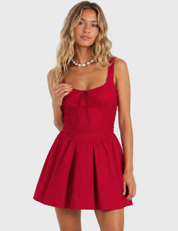 Ladies Solid Color Corset Ruched Square Neck Mini Dress