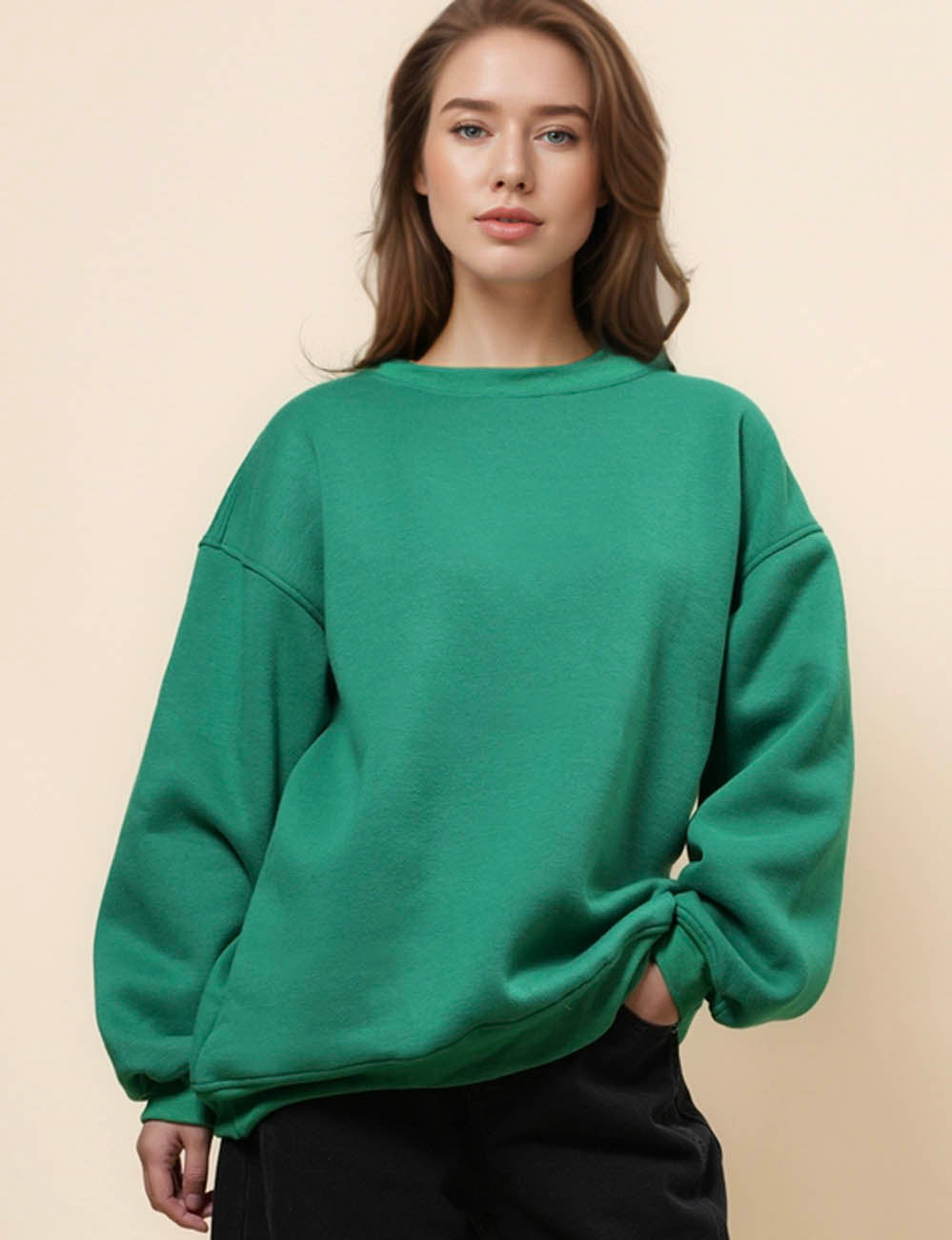 Ladies Solid Long Sleeves Round Neck Close Top H66201