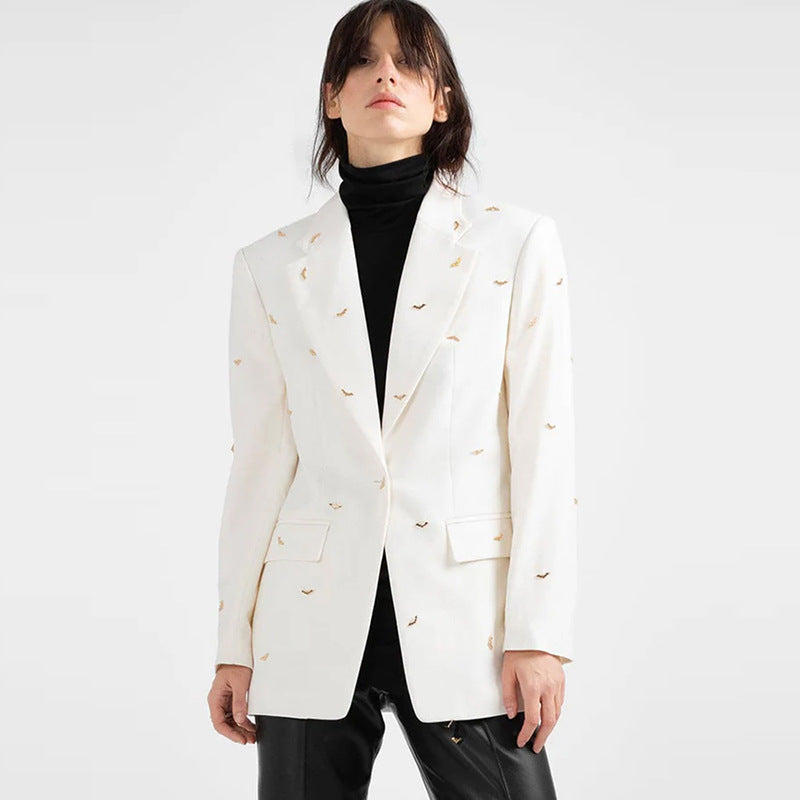Ladies Bat Beaded Studs Notched Lapel White Blazer