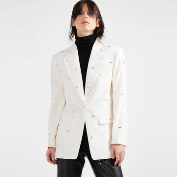 Ladies Bat Beaded Studs Notched Lapel White Blazer