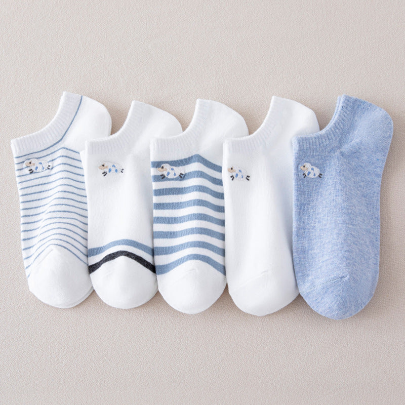 Ladies Embroidery Sheep Striped Knit Boat Socks SKAS50030