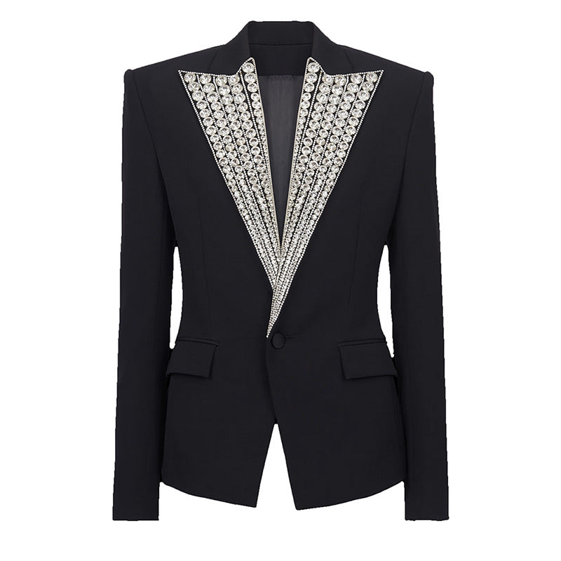 Ladies Rhinestone One-Button Black Long Blazer