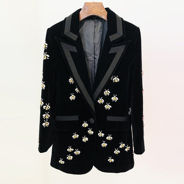 Ladies Color Block Bee Motif Rhinestone Long Blazer