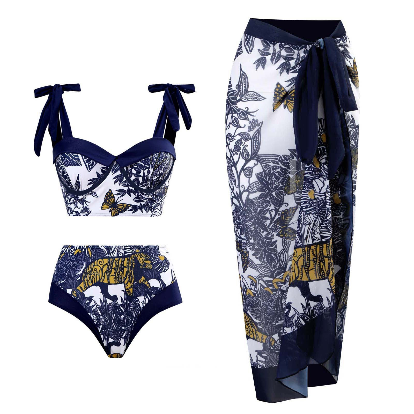 Butterfly Tiger Strape Shoulder Bikini Set with Cover SKSW40117