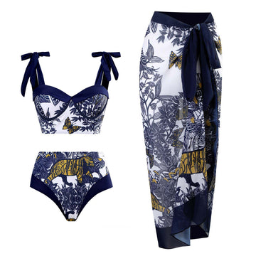 Butterfly Tiger Strape Shoulder Bikini Set with Cover SKSW40117