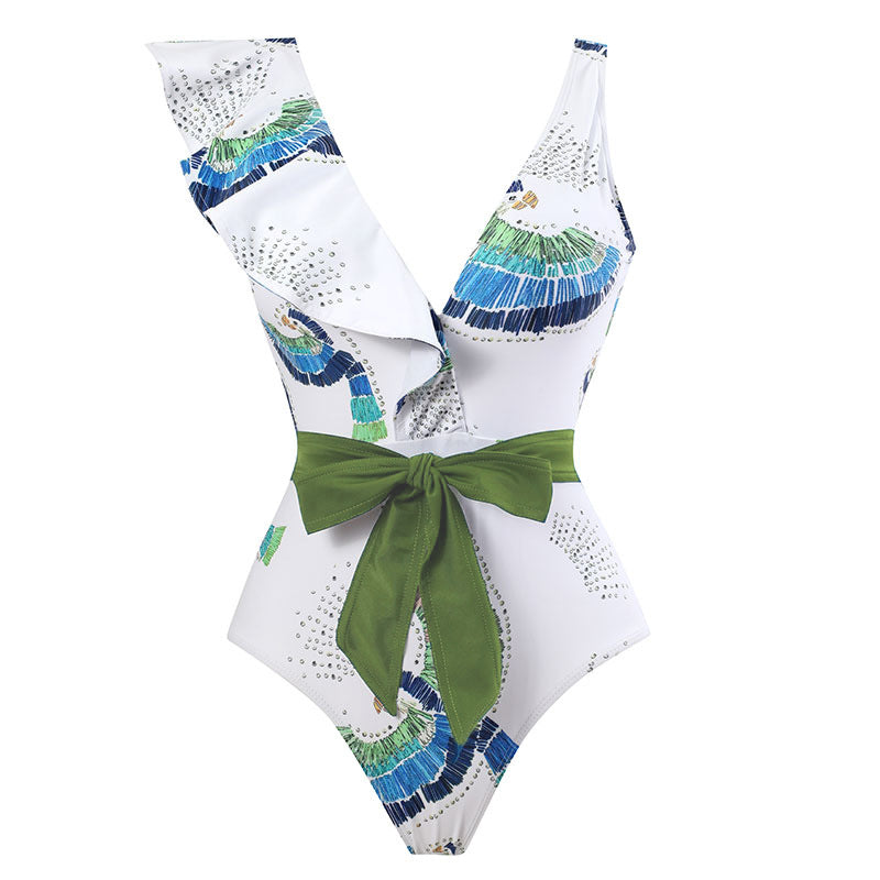 Ruffle Shoulder Waist Tie One Swimwear with Cover SKSW40129