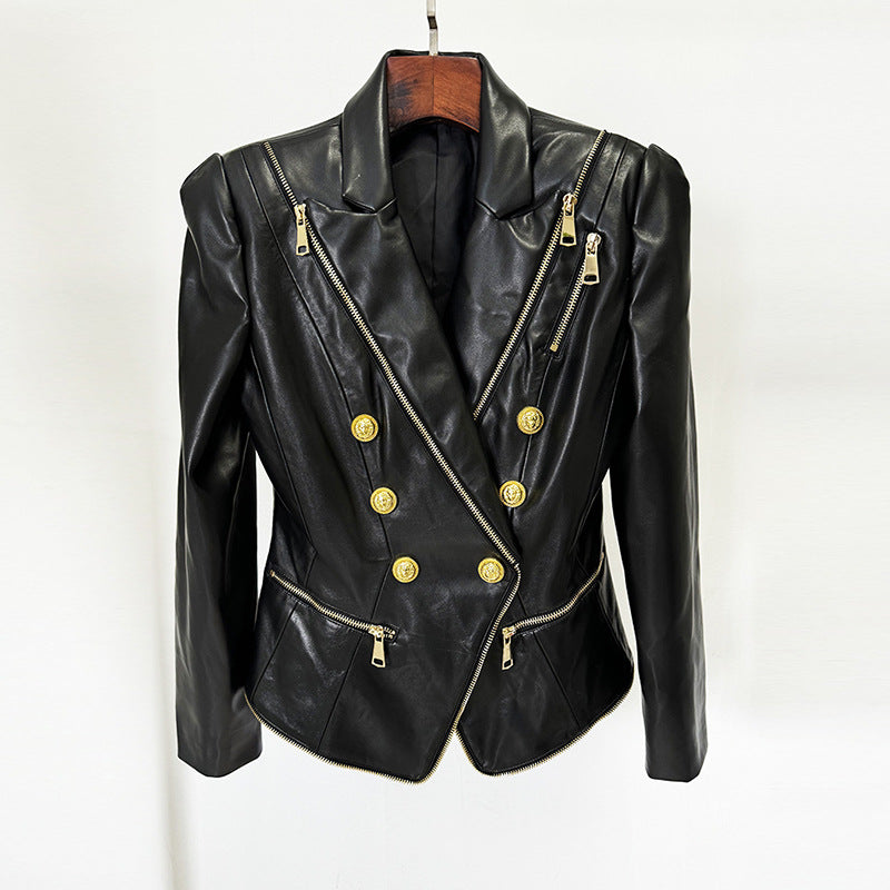 Ladies Color Block Zipper Panels Double Breast PU Blazer