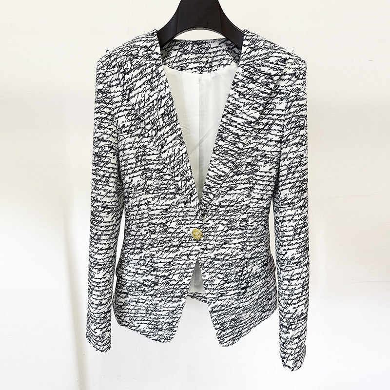 Ladies Color Block Letter Print One Button Blazer