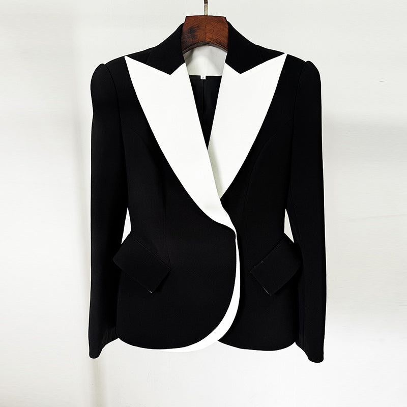 Ladies Color Block Peaked Lapel Hidden One-Button Blazer