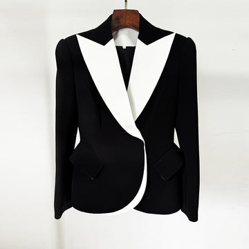 Ladies Color Block Peaked Lapel Hidden One-Button Blazer