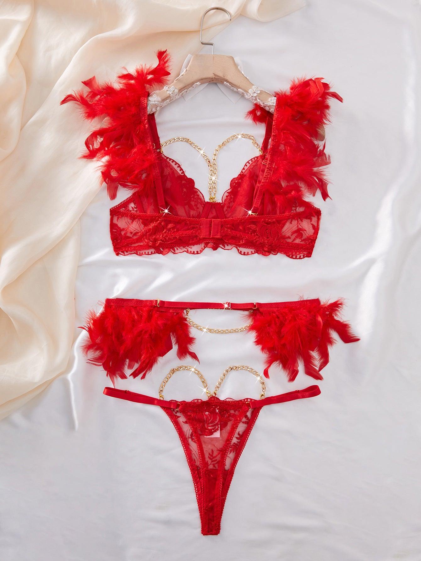 Ladies Floral Embroidery Feather 3PCS Lingerie Set SKLG4015