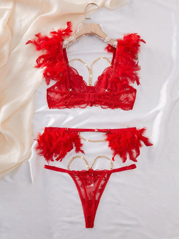 Ladies Floral Embroidery Feather 3PCS Lingerie Set SKLG4015