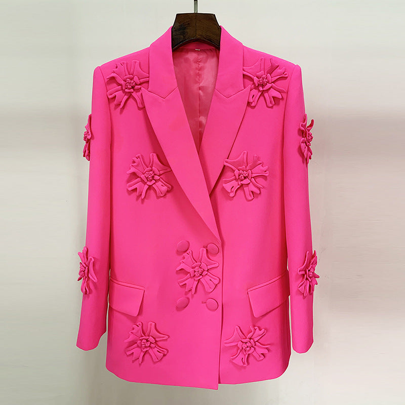 Ladies Solid Color 3D Flower Double Breast Long Blazer