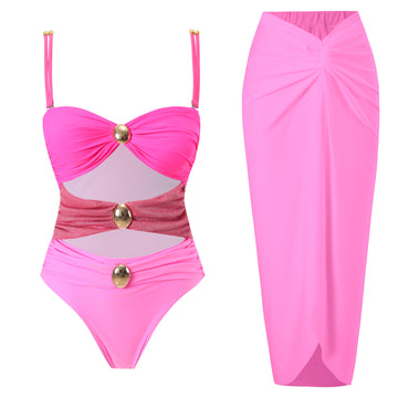 Ladies Shoulder Straps Backless One Piece Swimwear with Skirt Y332-1