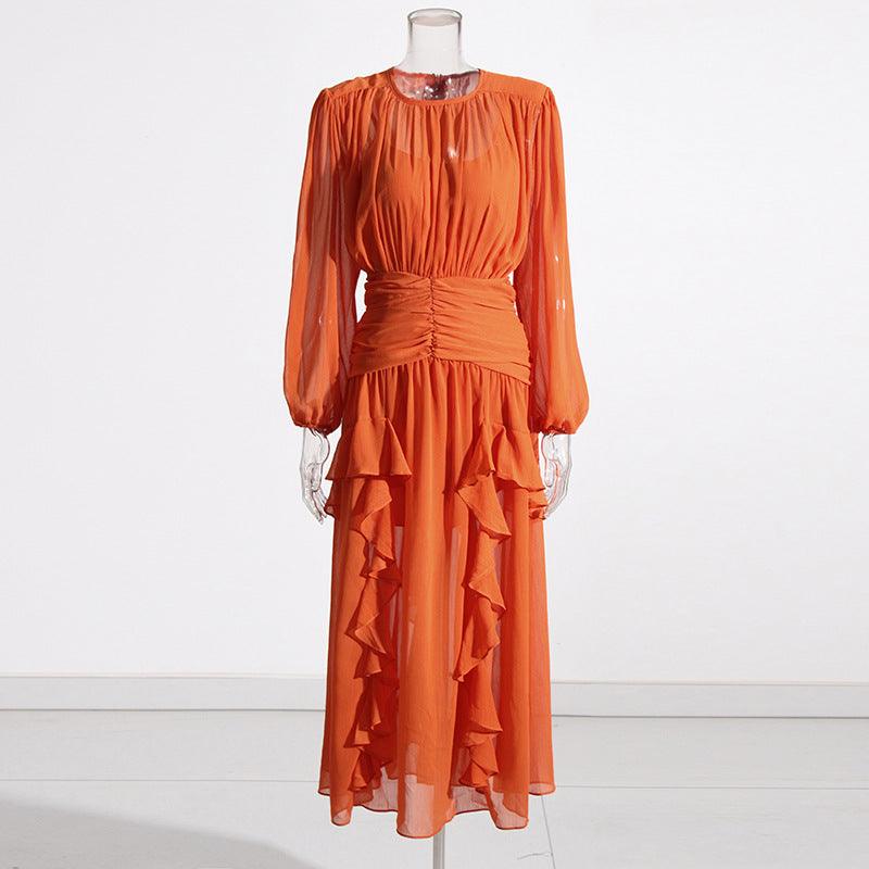 Ladies Chiffon Ruffle Long Sleeves Midi Dress SXD643201