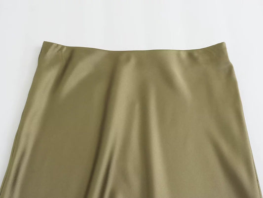 Ladies Solid Color Satin Midi Skirt 5515