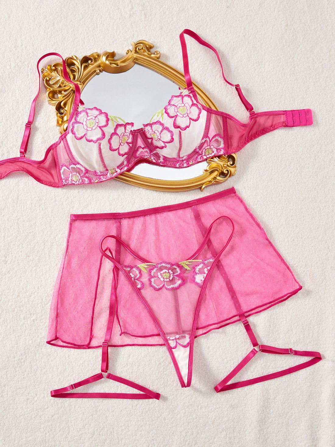 Ladies Floral Embroidery 3PCS Lingerie Set SKLG4152