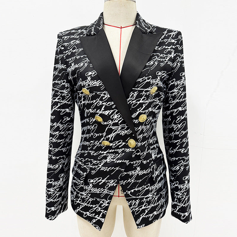 Ladies Color Block Letter Print Double Breast Blazer