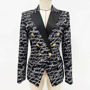 Ladies Color Block Letter Print Double Breast Blazer