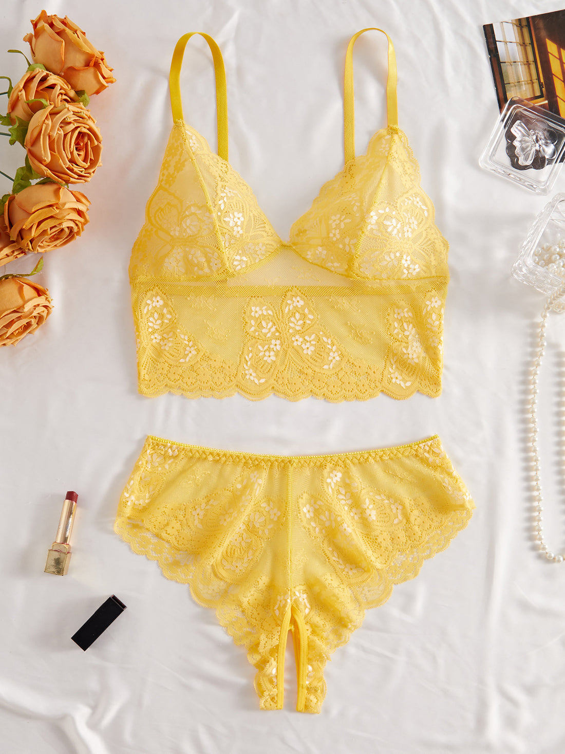 Ladies Floral Lace See Sheer 2PCS Lingerie Set SKLG4125