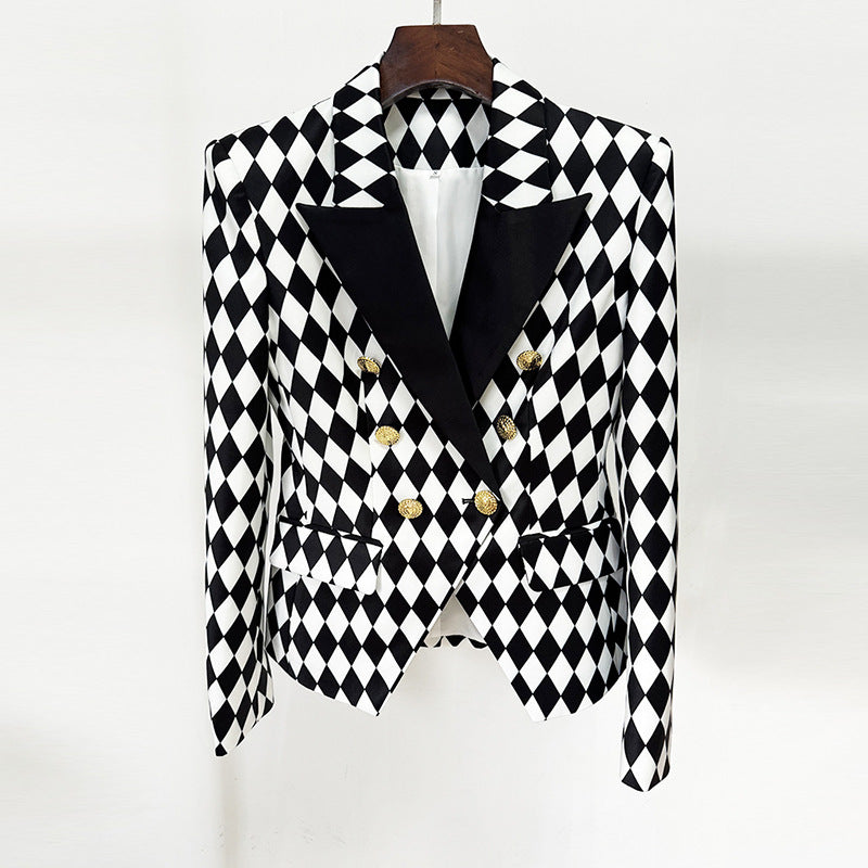 Ladies Color Block Diamond Checked Double Breast Blazer