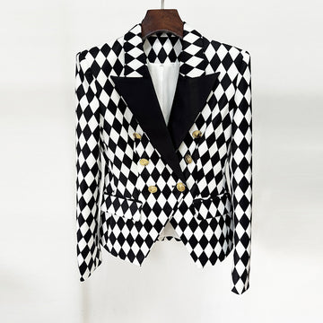 Ladies Color Block Diamond Checked Double Breast Blazer