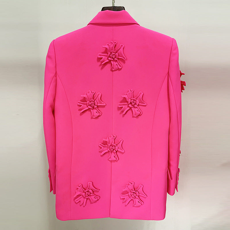 Ladies Solid Color 3D Flower Double Breast Long Blazer