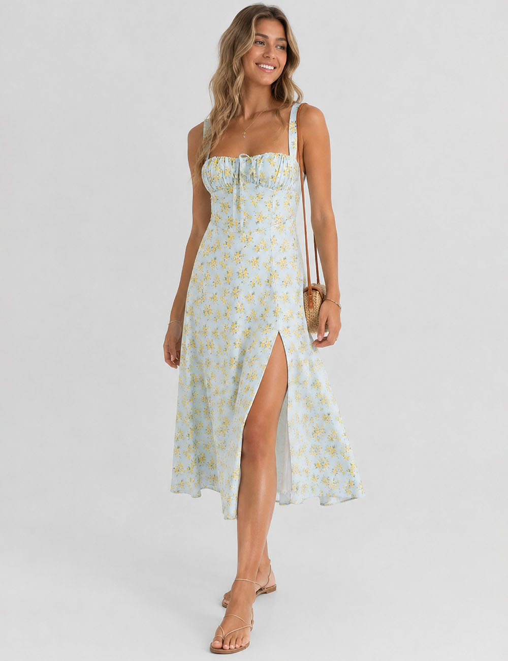 Floral Lace-Up Midi Dress - Sweetkama Wholesale - #1959