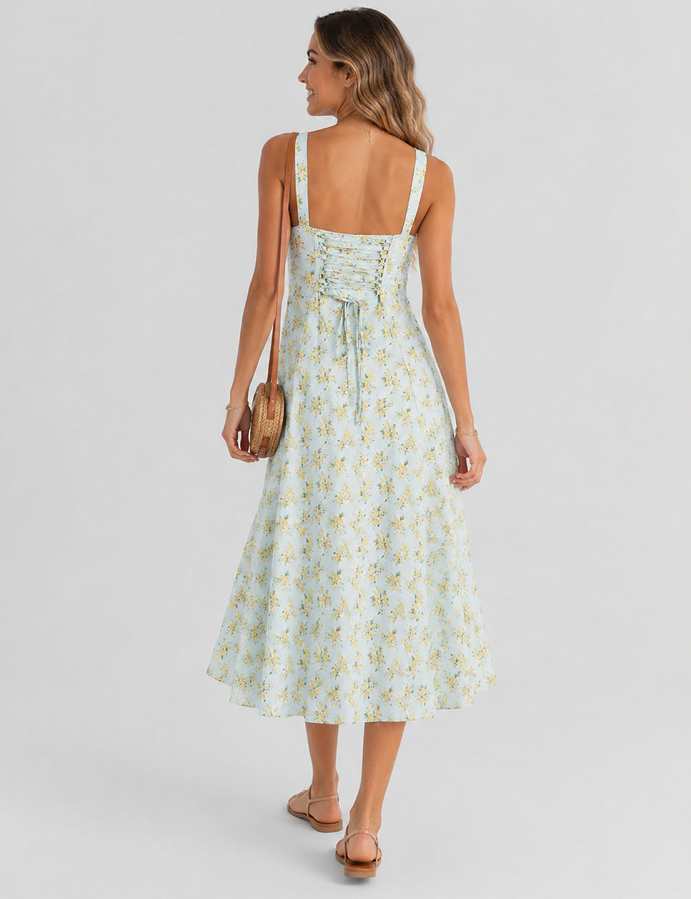 Floral Lace-Up Midi Dress - Sweetkama Wholesale - #1959