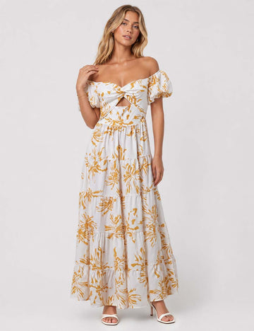 Ladies Bubble Short Sleeves Floral Print Maxi Dress