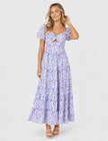 Ladies Bubble Short Sleeves Floral Print Maxi Dress
