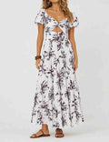 Ladies Bubble Short Sleeves Floral Print Maxi Dress