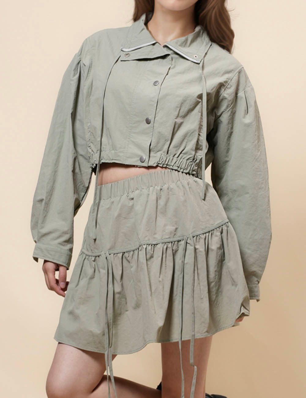 Ladies Drawstring 2PCS Jacket & Skirt Set SKST0833