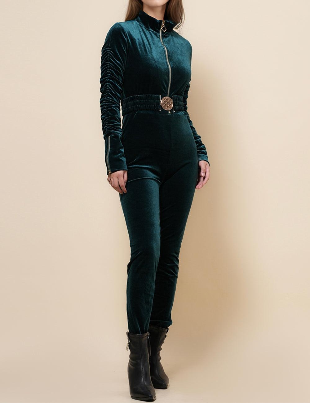 Ladies Velvet Jumpsuit with Golden Elastic Waist Band SKJ4893