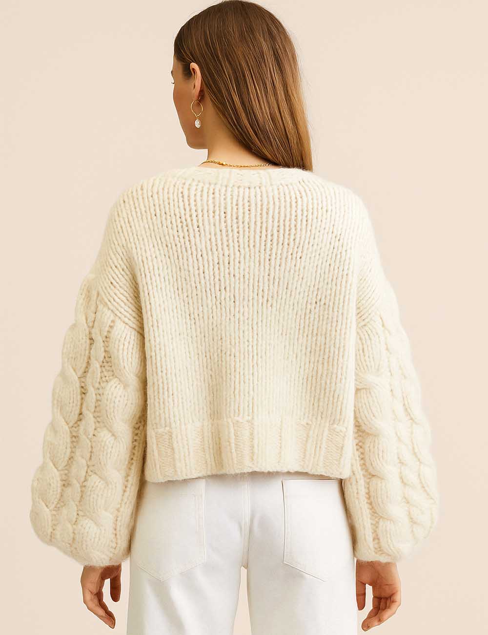 Ladies Solid Color Heart Pattern Long Sleeves Chunky Sweater