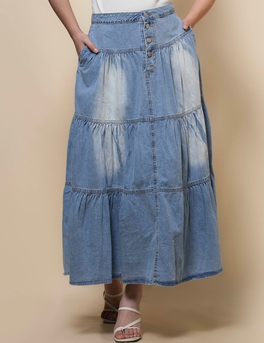 Ladies Waist Botton Closure Denim Midi Skirt SKS50109