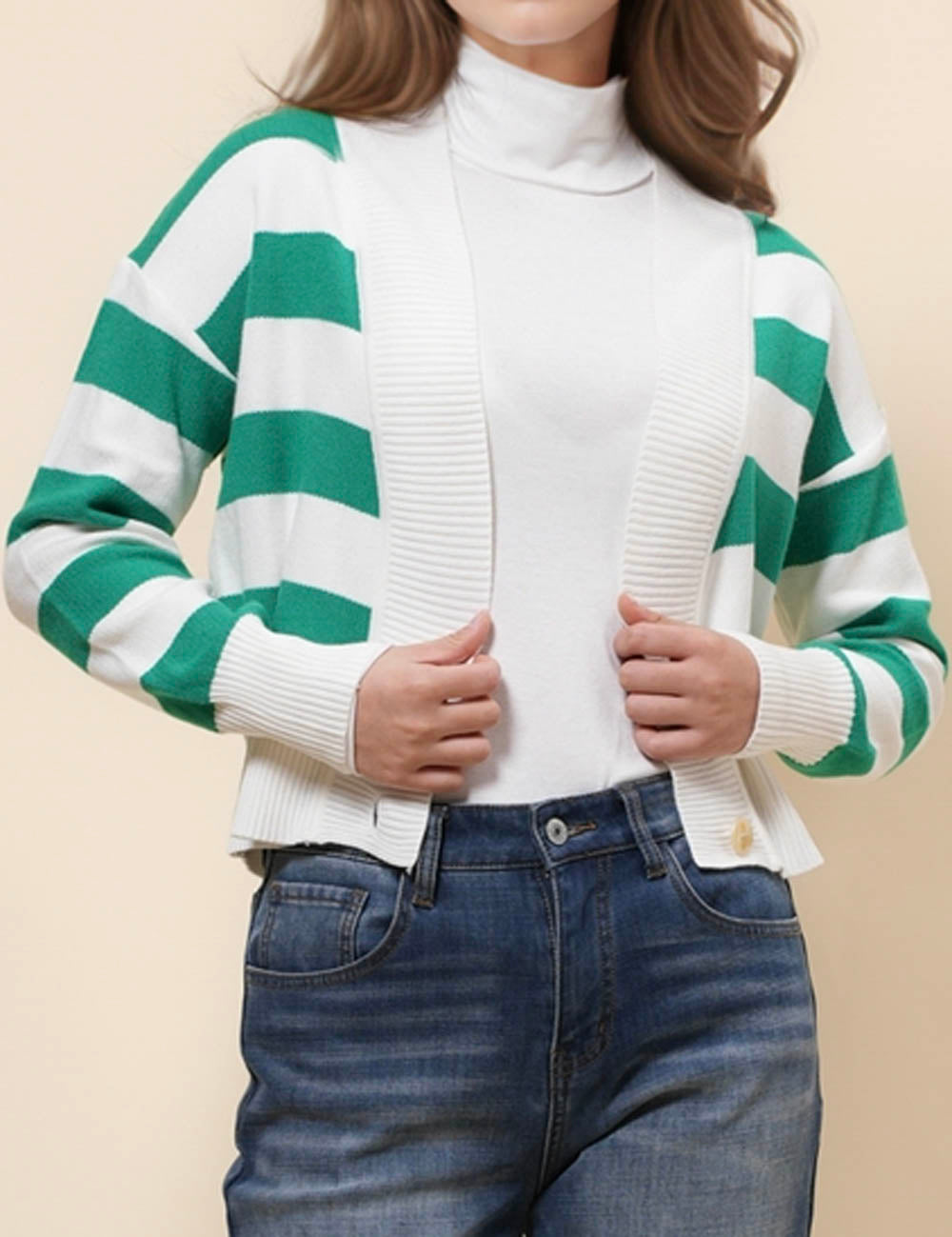 Ladies V-Neck Striped Color Block Knit Cardigan SKT41049