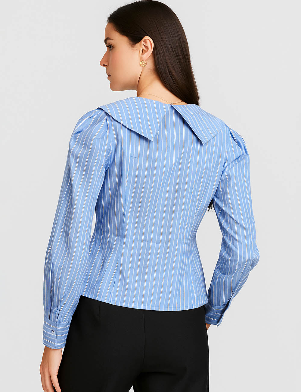 Ladies Striped Turn Down Collar Puff Sleeves Cropped Shirts