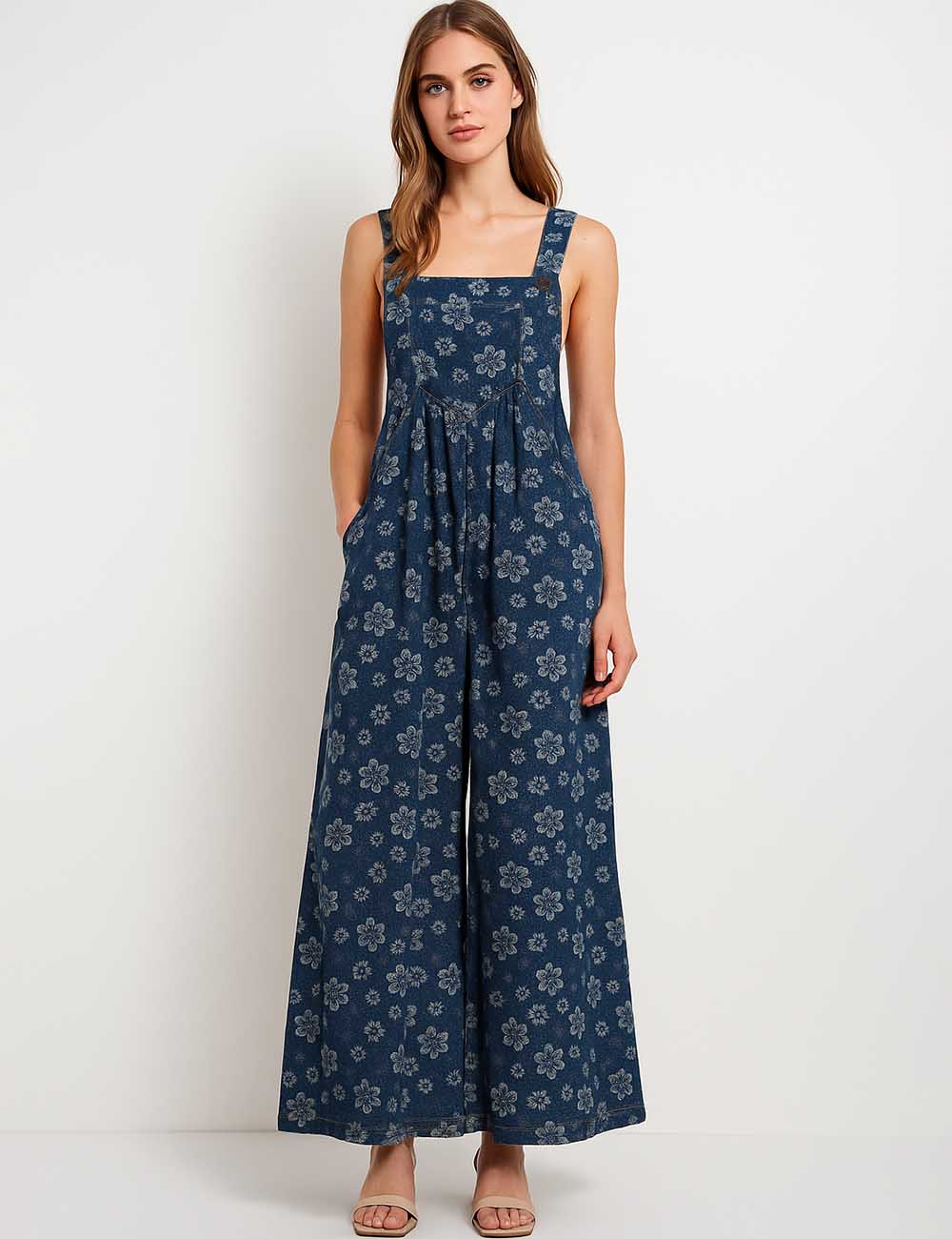 Ladies Strape Shoulder Flower Denim Jumpsuit SKJ50112